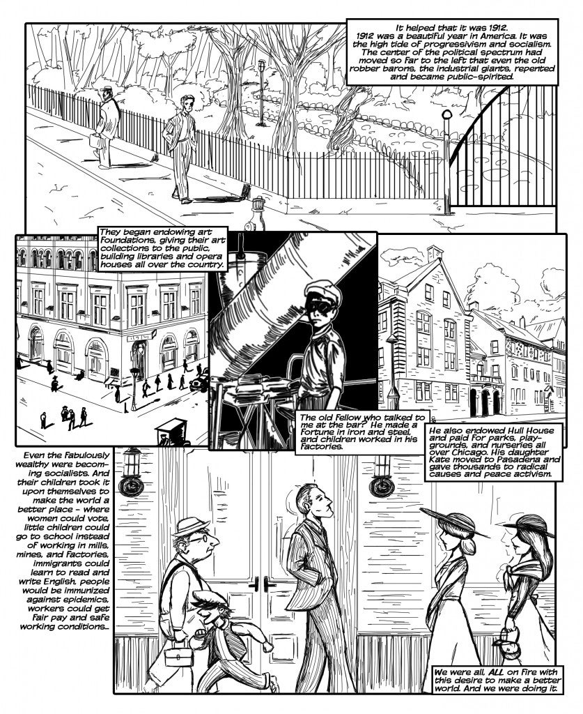 [Insert Image Page 7 fixes, A page from Lee Furey’s upcoming graphic novel Love and Revolution, with illustrations by Mike Rovinsky, 2013, Image courtesy of Mike Rovinsky.]