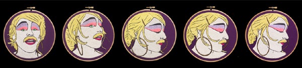 Aubrey Longley-Cook, Lavonia Elberton Frames 1-5, Front view, Thread on fabric, 7 inch diameter hoops, 2013. Image courtesy the artist.