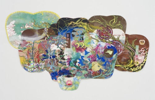 Jiha Moon, Yellow Wave, 2012-2013; ink, acrylic, embroidery patches, glitter, stickers, digitally printed fortune cookie sayings on Hanji, 50 by 90 inches.