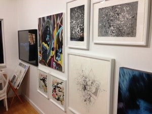 Works by (l to r) Mimi Hart Silver, Sarah Emerson, and Ann Stewart; at Whitespace, at Aqua.