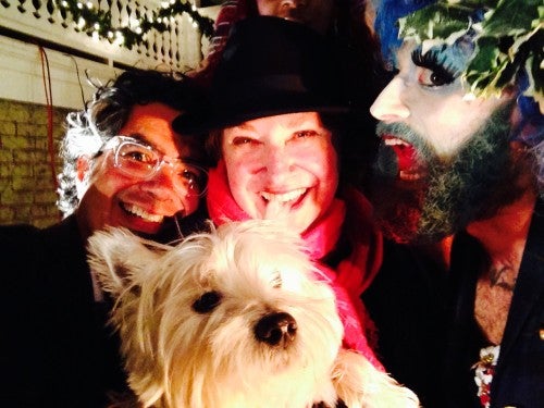 Susan Bridges with Carl Rojas (l) and a drag queen (r) at her Holiday Party. (Photo: Carl Rojas)