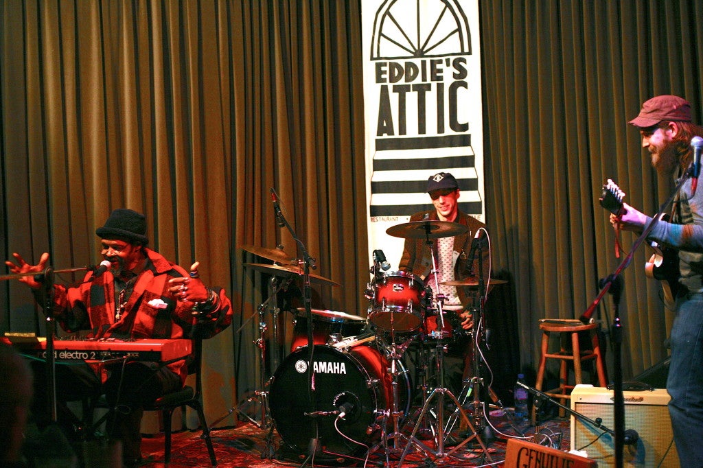 Lonnie Holley performing with Bradford Cox (drums) and Marshall Ruffin (guitar), at Eddie's Attic, Decatur, Georgia, January 2, 2014.