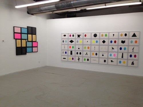 Rusty Wallace, installation view of (l to r) Dialogue, 2001-08, gouache on paper; Dyad (Passion), 2009-10, gouache, gold leaf, india ink on paper.