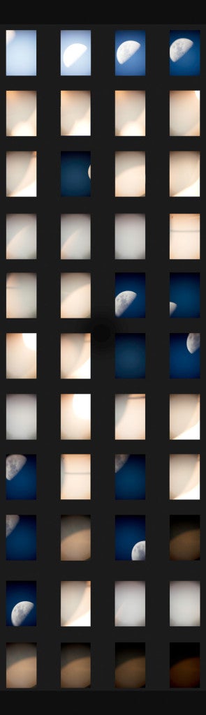 Sharon Harper, Sun/Moon (Trying to See through a Telescope),  2010 May 27 10:48:35-2010 May 27 11:08:34 2010 Jun 19 8:16:30PM-2010 Jun 19 8:23:40PM,  UltraChrome print, 17 by 57 inches.