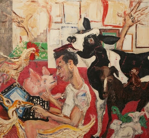 Sam Messer, Jonathan with Animals, 2010-2013; oil on canvas, 84 by 72 inches.