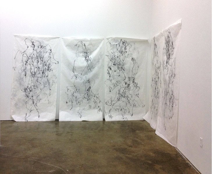 Jonathan Bouknight, Two Dancers; One Carries the Weight of the Other, from the Gaze Series, 2013-14; acrylic on butcher paper, 84 by 48 inches each.