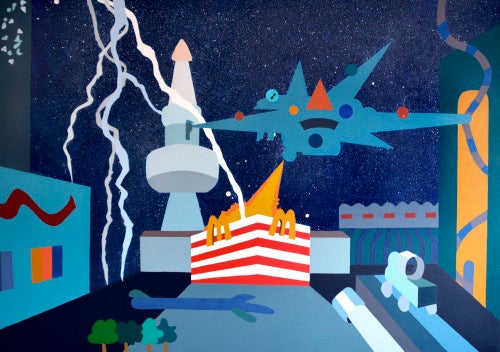 Temme Barkin-Leeds, Battlefield 4 with Mickey D's, 2014; gouache, ink, acrylic, and oil on linen, 34 by 48 inches.