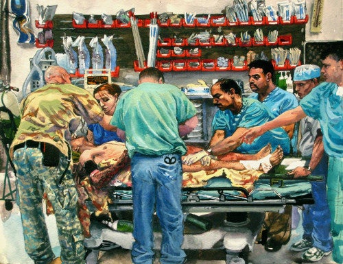Steve Mumford, Baghdad ER: Young American soldier with wounds from a rocket-propelled grenade, 2007; ink on paper.