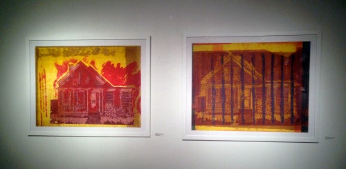 Jessica Caldas, [pink and yellow] Not What You’d Call a Home and [yellow, brown, purple bars] You Can’t Change the Locks, both 2012, monotype, relief, and screen print, Photo by Sherri Caudell.