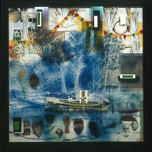Radcliffe Bailey, En Route, 2005; photograph on Plexiglas, coconut palms, felt, acrylic, and wood, 68 by 68 by 5.5 inches.