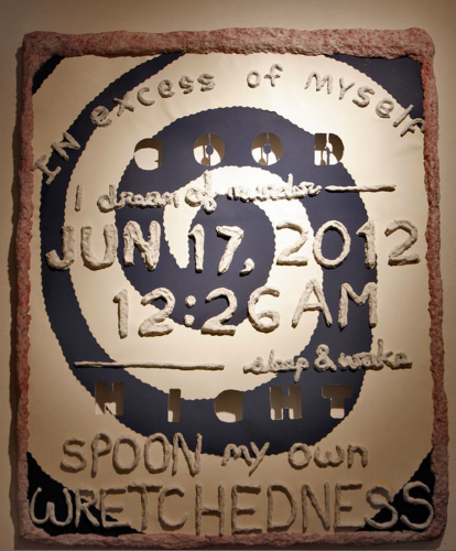 Budd Dees, Goodnight: Text Message Fight with C; 2012, papier-maché and paper on matte board. A wall piece describing a text message fight with a former lover. photo credit: www. budddees.com