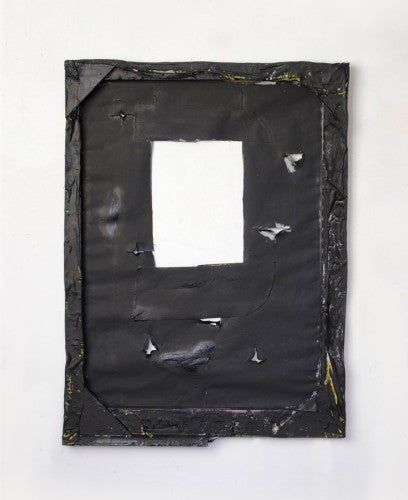 Jane Fox Hipple, Positive Thought / Negative Thought, 2014; zcrylic, oil, and enamel on fabric and wood, 27.5 by 20.25 inches.