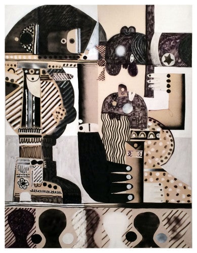 Austin Eddy, helping or herding, 2014; charcoal, cut paper, acrylic, oil, caulking on raw canvas, 60 by 46 inches.