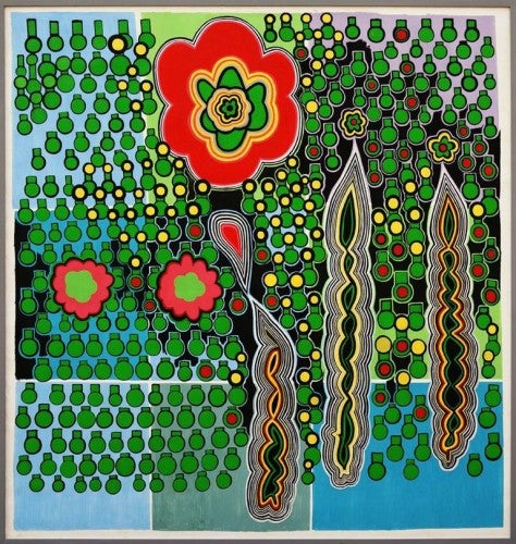 Carol John, flower bomb, 2014; oil on paper, 61.5 by 59 inches.]
