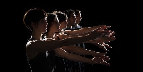 Alisa Mittin, Anna Bracewell, Claire Molla, Alex Abarca and Erik Thurmond perform Dearly Departures, a new dance by Blake Beckham. Photo by Chris Carder.