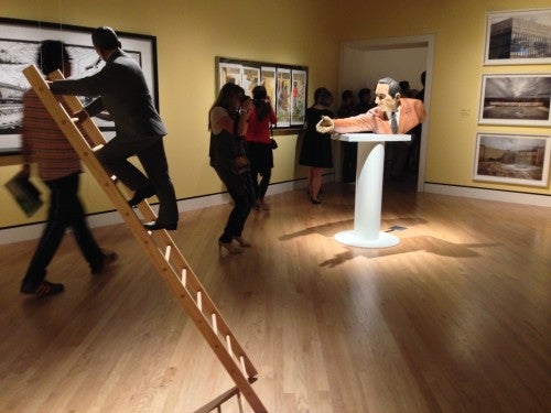 Bob Trotman, (foreground) Journey (Ladderman), wood, paint, wax; (background) Shaker, wood, tempera, wax, motor. mixed media.