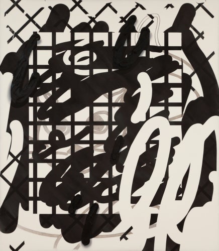 Laura Owens, untitled, 2013; charcoal, pastel, acrylic, and oil on linen, 137½ by 120 inches.