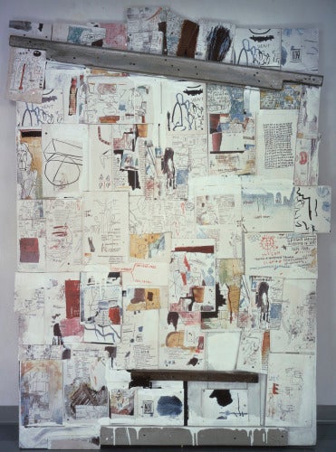 Jean-Michel Basquiat Natchez, 1985; acrylic, wood and color xeroxes on plywood mounted on wooden doors, 85 by 60.63 by 4 inches. (Galerie Andrea Caratsch, Zurich.)