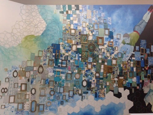 Exhibit A, collaborative work by Lillian Blades, Faith McClure, and Dayna Thacker, 2014; pastel, nails, rhinestones, string, fabric, paper, wood, cardboard, found frames, and acrylic paint, 13 x 50 feet, (Photo: Sherri Caudell)