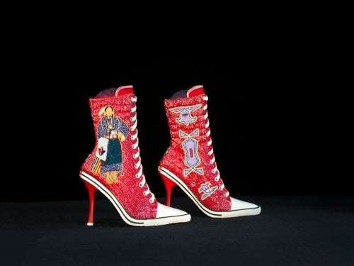 Teri Greeves, Abstraction: Kiowa by Design, 2014; beads on canvas high heeled sneakers. 11.5 by 10 by 4 inches. (Photo: Stephen Lang)