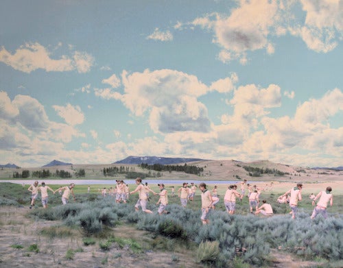 On view at Crystal Bridges, Cobi Moules’ recent paintings, like this one here, entitled  Untitled (Yellowstone, Swan Lake), returns to the American landscape rendered epic by the Hudson River School, yet, he adds a contemporary and a personal spin (the multiple figures in his paintings are self portraits). 