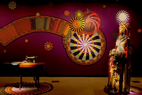 Xenobia Bailey, Paradise Under Reconstruction in the Aesthetic of Funk: Re-Possessed, 2000–14; multimedia installation including single stitch crochet, 4-ply cotton and acrylic yarn, plastic pony beads, rhinestone, button, and cowry shells.