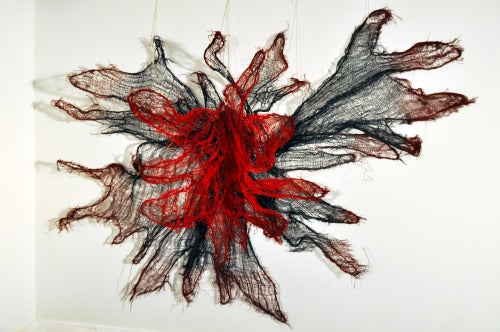 Nnenna Okore, The Sun Shall Rise Again, 2014; burlap, wire, dye, and acrylic 68 by 95 by 12 inches.