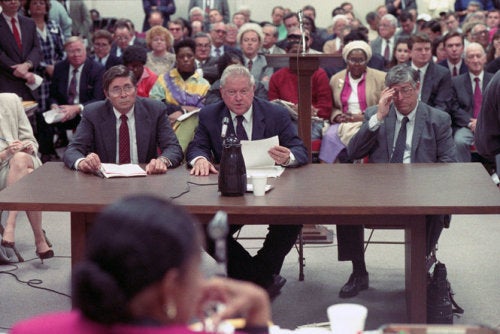 The New Orleans City Council public debate about a Mardi Gras ordinance in 1991. Council member Dorothy Mae Taylor is in the foreground. At the table are John Charbonnet (left). and Beau Bassich. (Image: The Times-Picayune