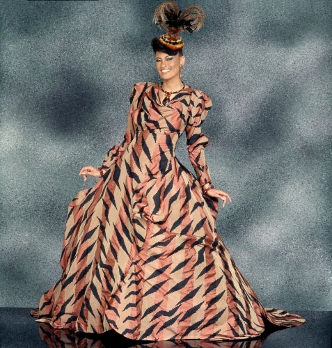 Vivienne Westwood (United Kingdom), Ball gown, special order, fall/winter 2002-03. Silk ribbon taffeta with hand-silkscreened print. Appeared in Simply Spectacular. Photo courtesy of Johnson Publishing Company, LLC