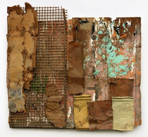 Ronald Lockett, The Enemy Amongst Us, 1995; paint, pine straw, metal grate, tin, nails, on wood, 50 by 53 inches.
