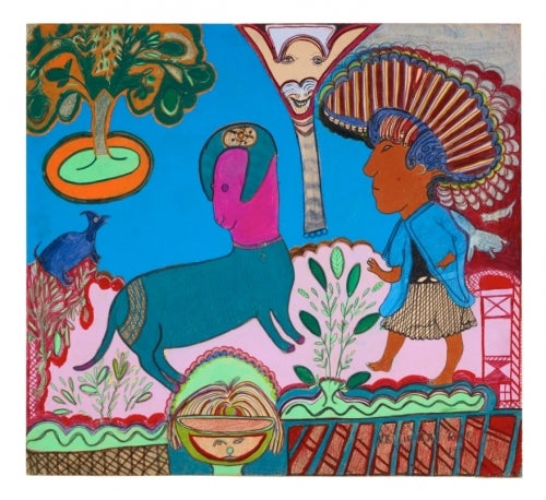 Nellie Mae Rowe, Woman Scolding Her Companion, 1981; pastel, colored pencil, crayon, and marker on paper.