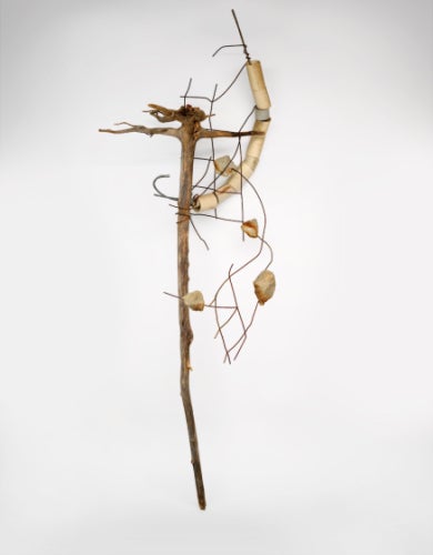 Lonnie Holley, Grown Together in the Midst of the Foundation, 1994; root, steel, wires, concrete, PVC pipe, 96½ by 37 by 29 inches.