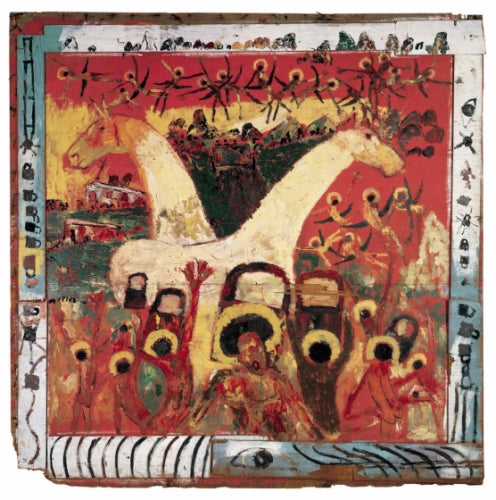 Purvis Young, Locked Up Their Minds, 1972; paint on wood on wood, 84 by 84 inches.
