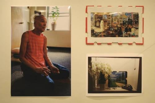 Works by Greg Pond and Amy Johnson, a portrait of Crazy Horse, a collage, and Crazy Horse's bathroom.