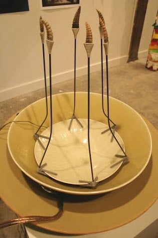 Greg Pond and Jesse Thompson, Rattle Snake Bowls; ceramic bowls, steel, rattlesnake tails, PLA prints.