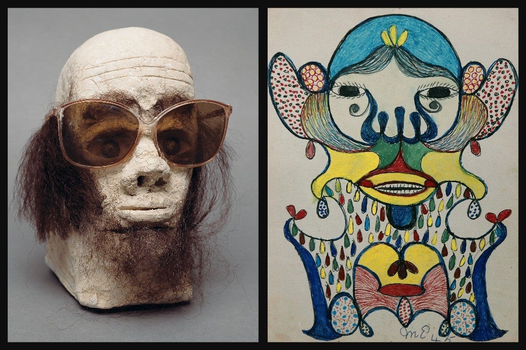 Left, James “Son” Thomas untitled, 1987; unfired clay, artificial hair, sunglasses and glass marbles, 9 by 7 by 7 inches. Right: Minnie Evans, untilted, 1945; ink, tempera on U.S. Coast Guard paper, 9½ by 7 inches.