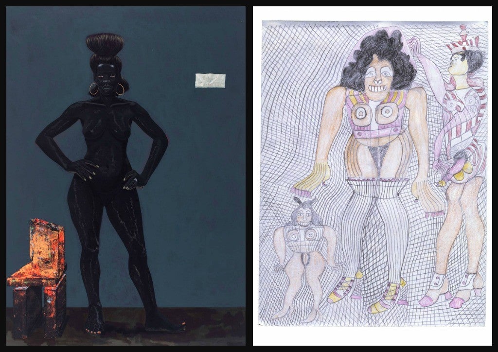 Left, Kerry James Marshall, Bride of Frankenstein, 2009; acrylic on PVC, 85 by 61 inches. Right, Henry Speller untitled, 1985; colored pencil, marker, crayon and pencil on paper, 24 by 18 inches.