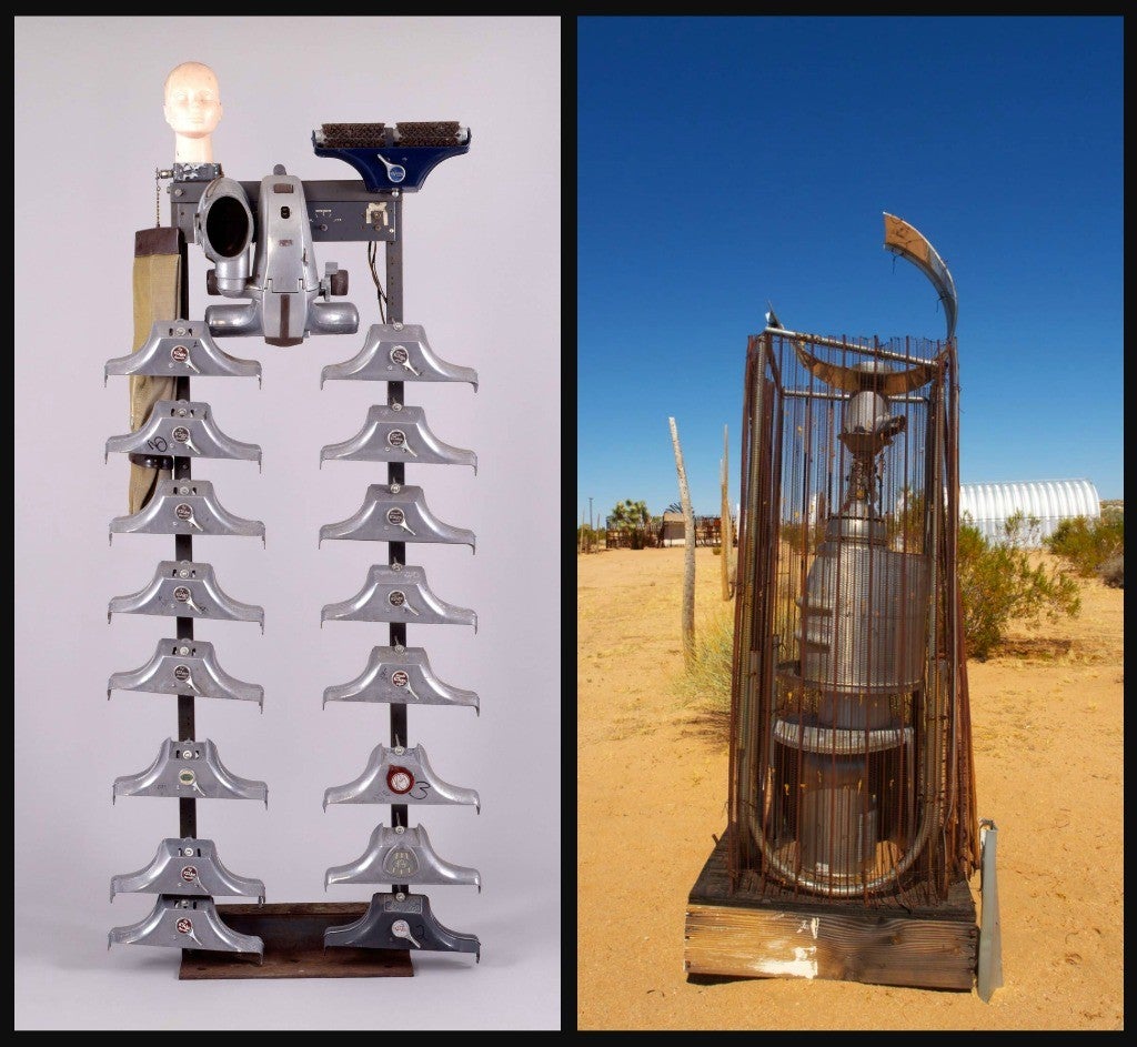 Left, Joe Minter, Housewife, 1998; vacuum cleaner heads, amplifier panel, mannequin head and wood base, 80 by 33 by 16 inches. Right, Noah Purifoy, Desert Art Museum, 1989-2004, Digital slides and titles.