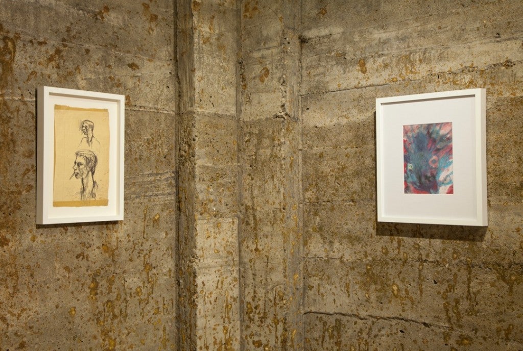 On left, John McIntire, Fahey Sketch, 1962; marker on legal paper, 12½ by 8½ inches; on right, John Fahey, untitled, ca. 1999; tempera, marker on paper, 9½ by 7½ inches,