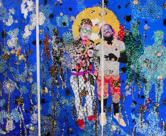 Ebony Patterson, II Treez in a Forest, 2013; mixed media on paper, 94 by 109 inches.