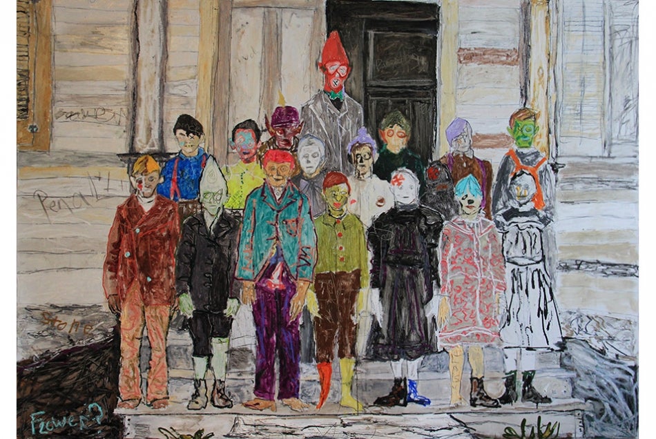 Farley Aguilar, School, 2015; oil on linen, 68½ by 95 inches.