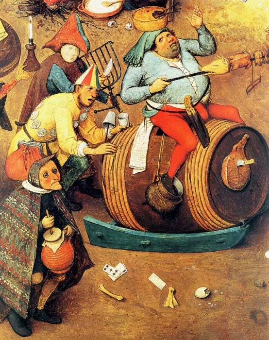 detail of Detail of drunkards from The Battle Between Carnival and Lent, 1559, by Pieter Bruegel the Elder.