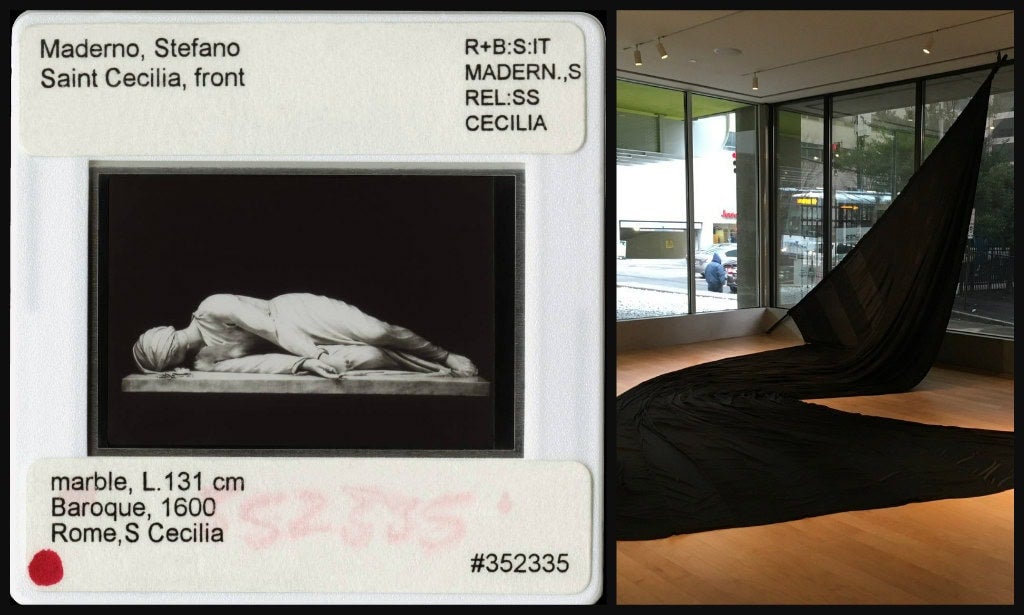 Left to Right: Vesna Pavlović, "Maderno, Stefano, Saint Cecilia, Front," and Paul Stephen Benjamin, "Black Cotton Flag Made in Georgia."