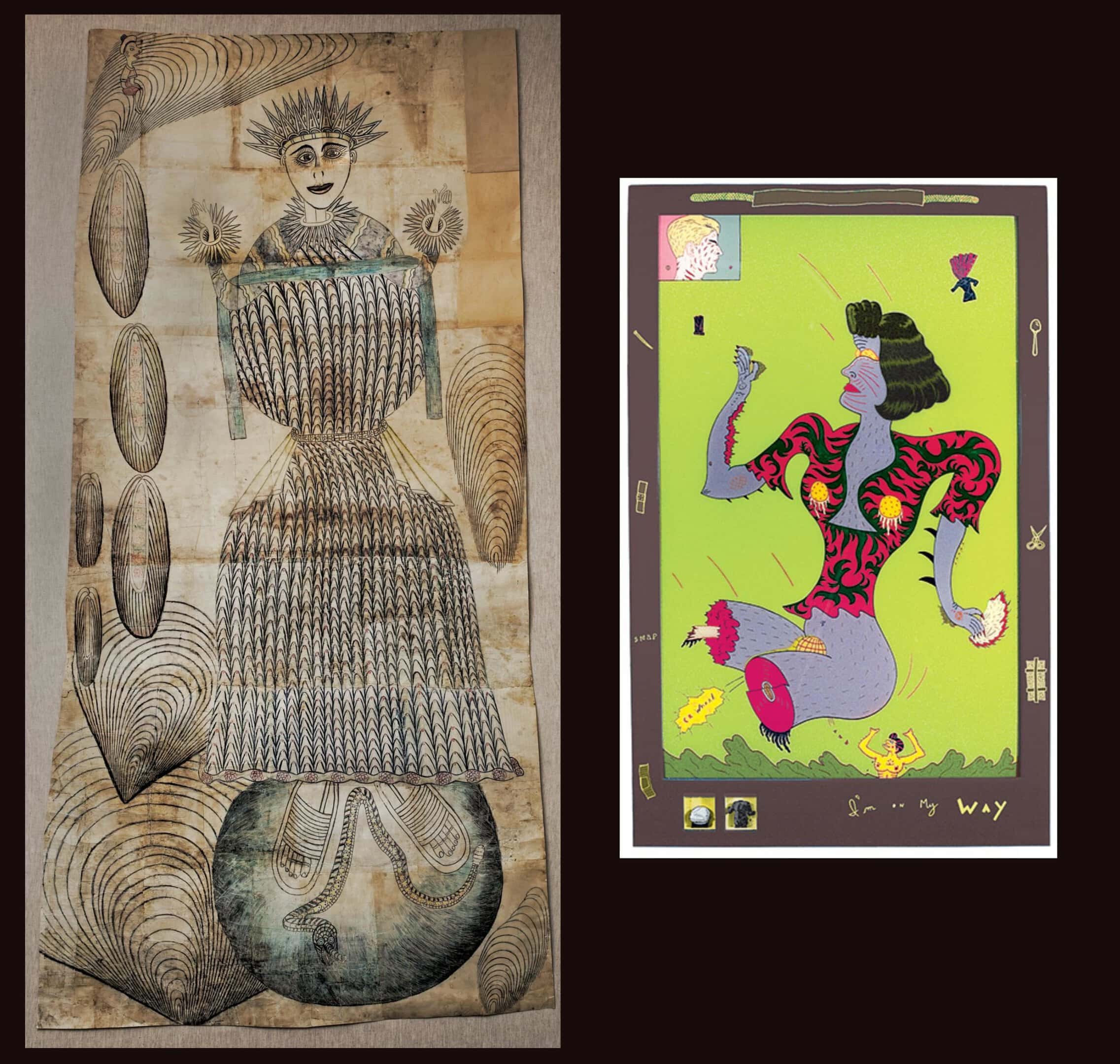 Linear drawing of Madonna by Martin Ramirez, on left, and cartoonish woman on a bright green background by Jim Nutt, on right.