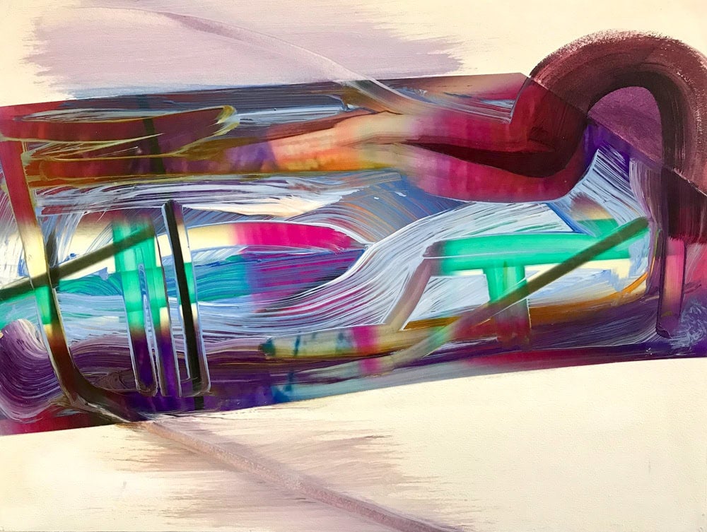 A Pinkney Herbert work on paper with a pale background and a tilting horizontal form filled with various marks in different colors.