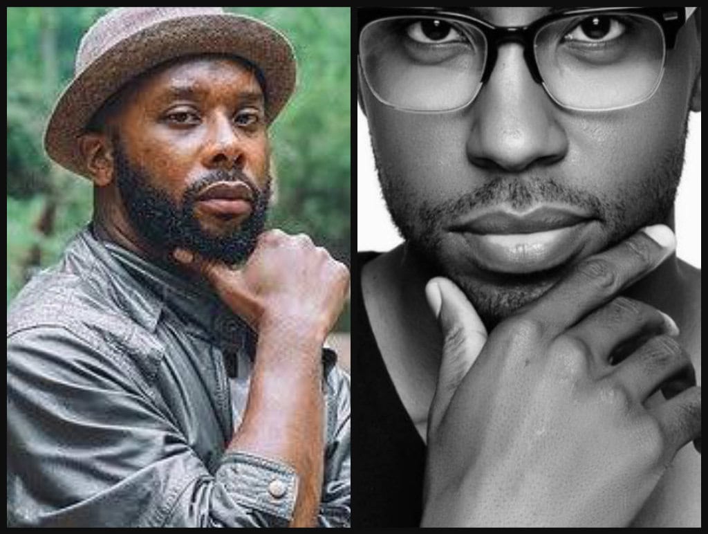 photo collage of two African American men, the left with a hat and the right with glasses, each with a hand held up to his chin