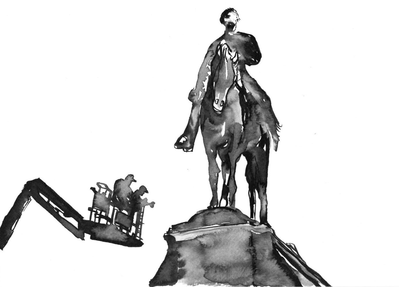 a watercolor painting of construction workers dismantling a confederate monument