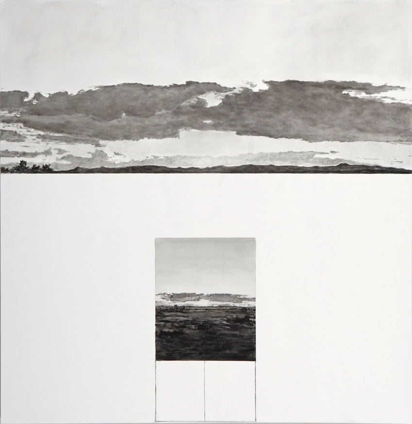 a greyscale painting of sky and land by artist Rocío Rodríguez.