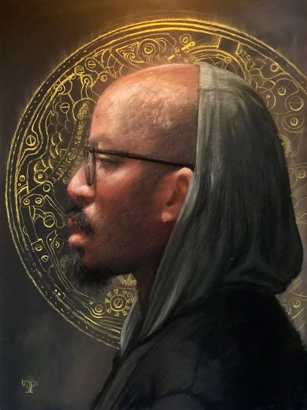 pastel drawing of a Black man in profile with an ornate gold halo