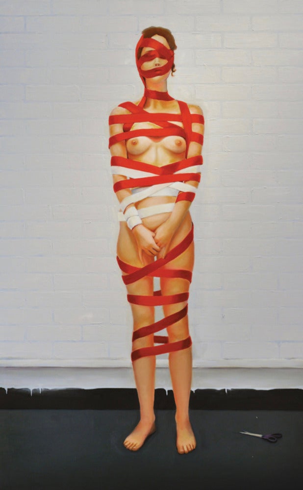 painting of nude woman wrapped in red and white ribbon